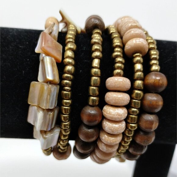 Boho Memory Wire Bracelet Wood Copper Color beads Natural Baroque Abalone - Picture 1 of 7